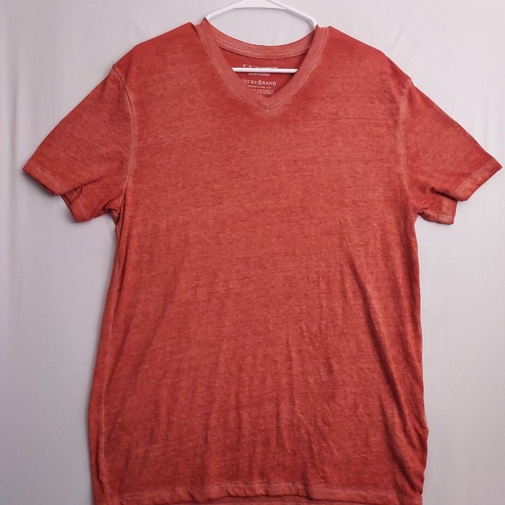 🍀LUCKY BRAND Venice Burnout Shirt V-neck Heathered Red Medium Short Sleeve M